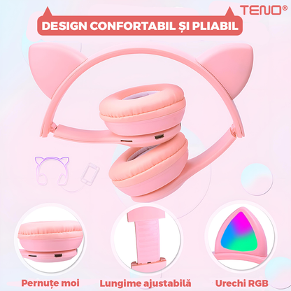 Casti Wireless Model Pisica Teno951, P47M, overear, urechi de pisica cu iluminare RGB, bluetooth 5.0, handsfree, HiFi, bass stereo, roz