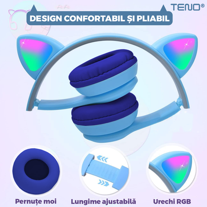Casti Wireless Model Pisica Teno955, P47M, overear, urechi de pisica cu iluminare RGB, bluetooth 5.0, handsfree, HiFi, bass stereo, albastru deschis