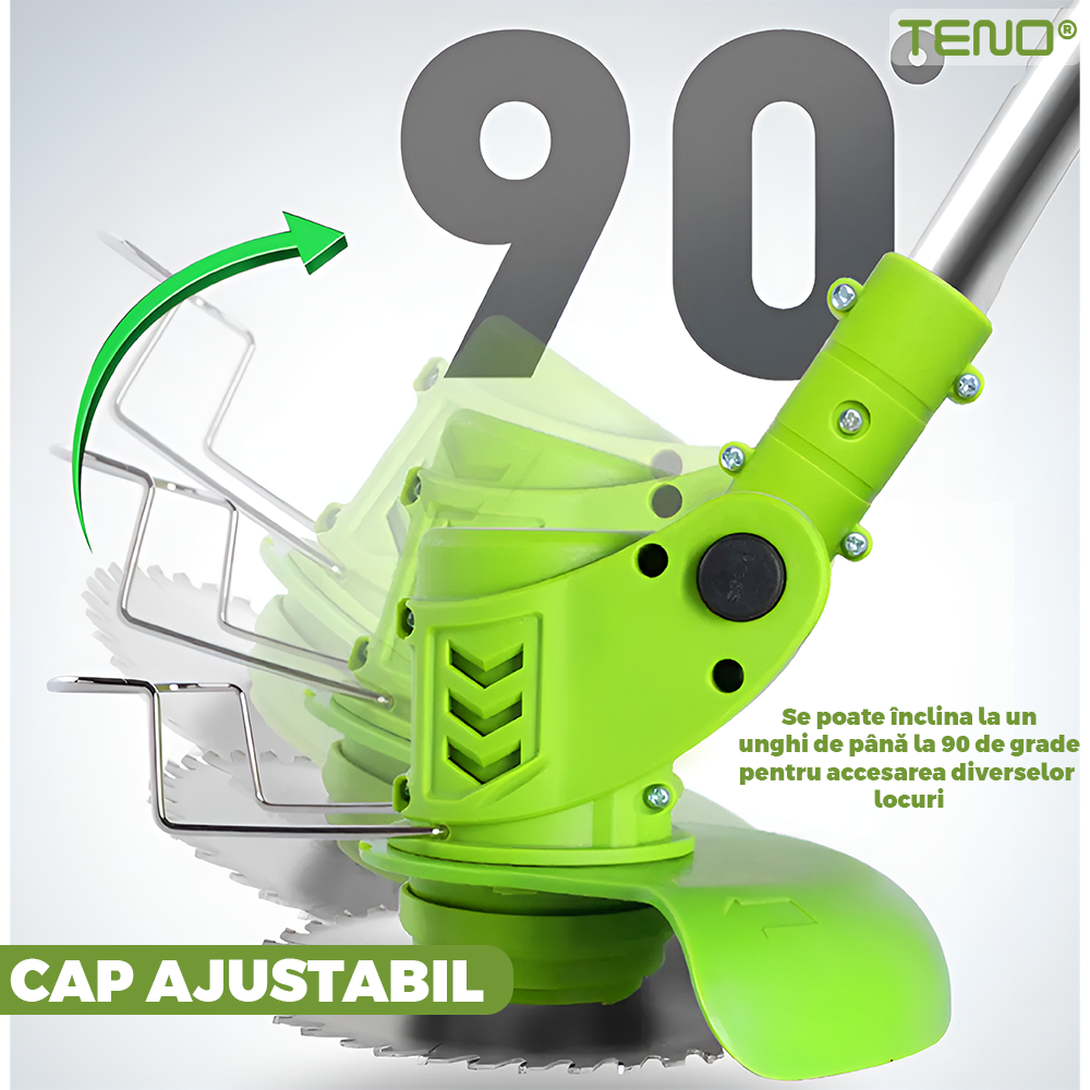 Motocoasa Electrica Teno975, acumulator 48V, baston telescopic, 3 tipuri de lame pentru taiere, 18000 RPM, autonomie de 2-3 ore, accesorii incluse, verde