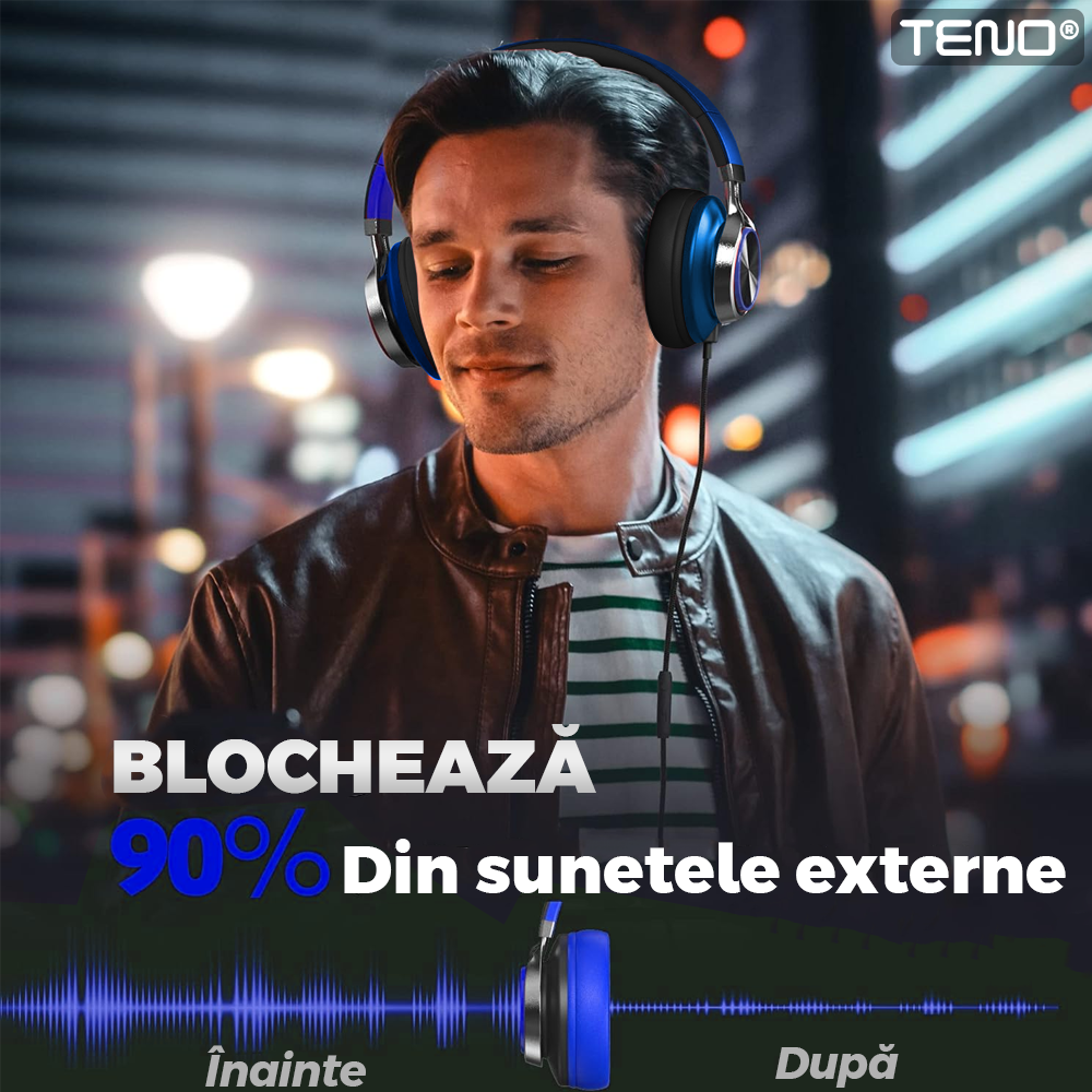 Casti Wireless Teno963, overear, bluetooth 4.2, extra bass, blocare sunete externe, slot card TF, functii multiple, albastru