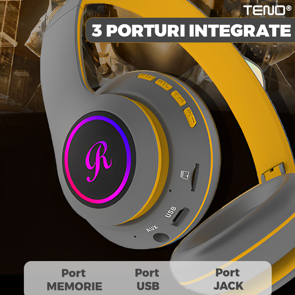 Casti Wireless Model Pisica Teno®, overear, urechi de pisica cu iluminare RGB, bluetooth 5.0, handsfree, HiFi, bass stereo, gri/galben