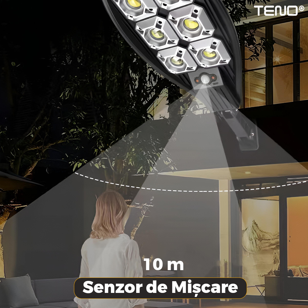 Lampa Solara Stradala 6 LED-uri Teno866, tip bec, rotunda, control prin telecomanda, senzor de miscare, 3 moduri de iluminare, protectie IP65, Waterproof, exterior, negru