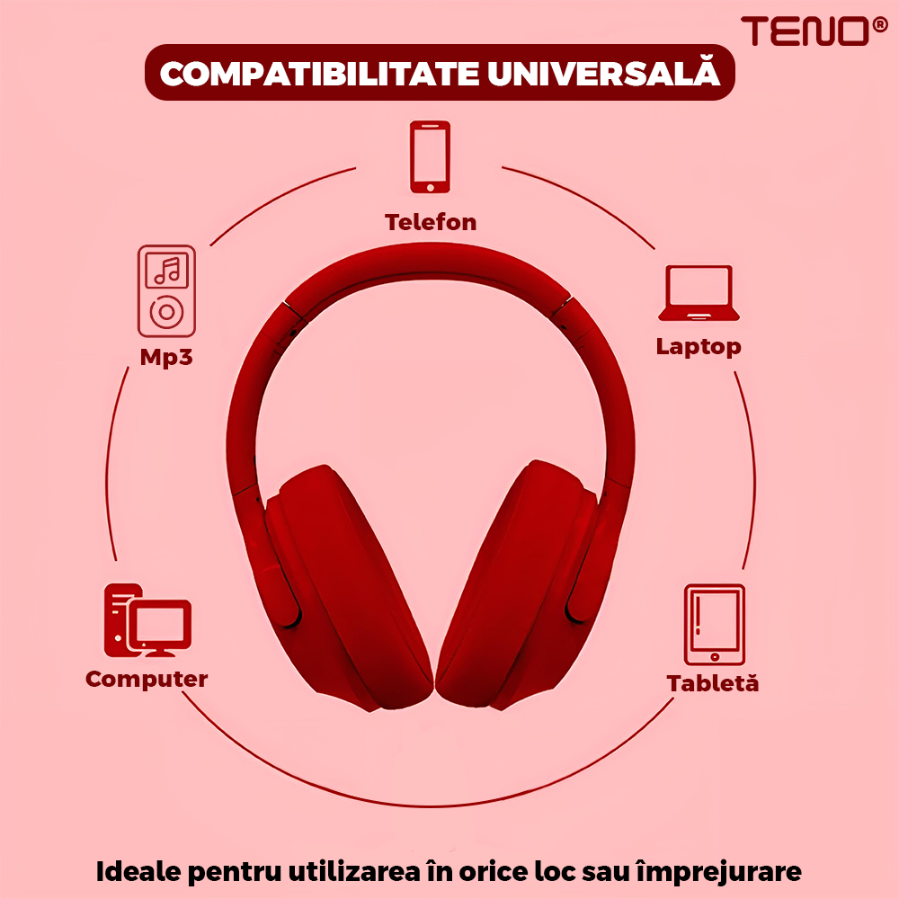 Casti Wireless Teno958, TV11, overear, bluetooth 4.1, extra bass bright series MP3 cu microfon, radio Fm si SD card, rosu