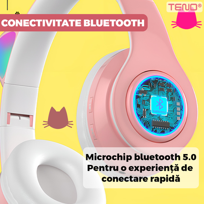 Casti Wireless Model Pisica Teno949, B39, overear, urechi de pisica cu iluminare RGB, bluetooth 5.0, handsfree, HiFi, bass stereo, roz