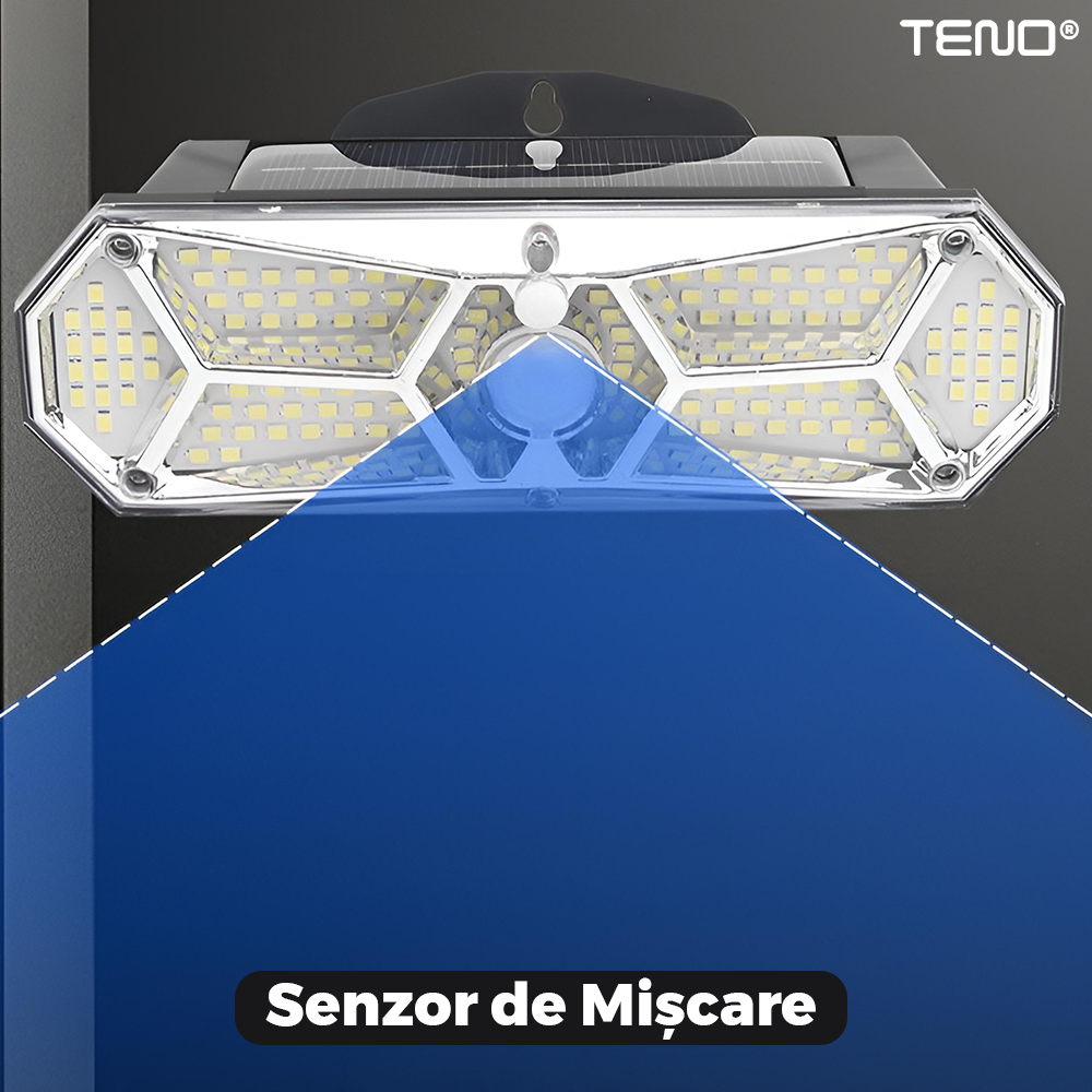 Lampa Solara 120 LED-uri Teno887, senzor de miscare, 3 moduri de iluminare, protectie IP65, Waterproof, exterior, negru