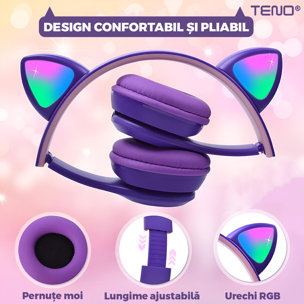 Casti Wireless Model Pisica Teno952, P47M, overear, urechi de pisica cu iluminare RGB, bluetooth 5.0, handsfree, HiFi, bass stereo, mov
