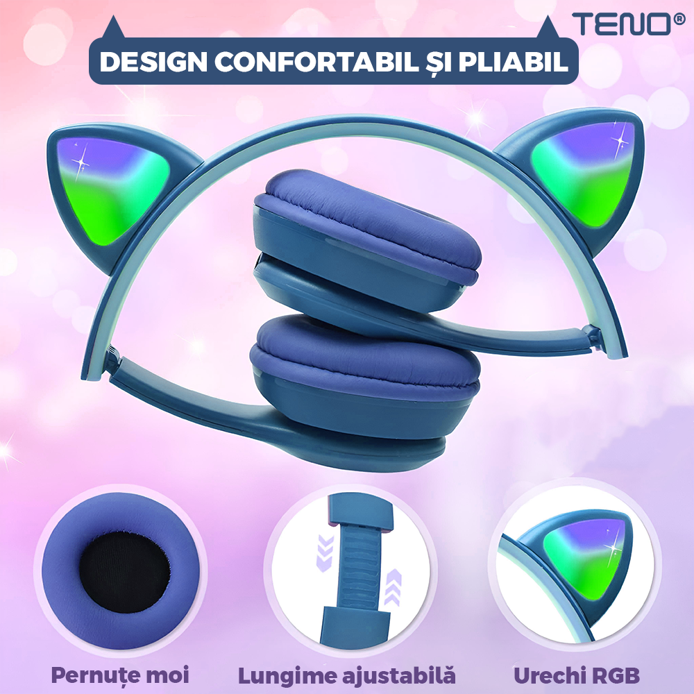 Casti Wireless Model Pisica Teno954, P47M, overear, urechi de pisica cu iluminare RGB, bluetooth 5.0, handsfree, HiFi, bass stereo, albastru inchis