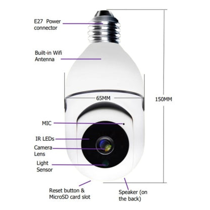 Camera de supraveghere tip bec, 1080P, Wi-Fi, Night Vision, Alarma si senzor de miscare