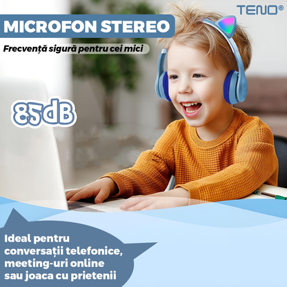 Casti Wireless Model Pisica Teno955, P47M, overear, urechi de pisica cu iluminare RGB, bluetooth 5.0, handsfree, HiFi, bass stereo, albastru deschis