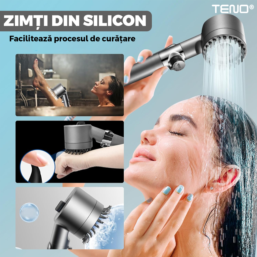 Para de Dus Teno976, 6 filtre extra, buton On/Off, presiune ajustabila, filtrare apa, jet uniform, zimti de silicon pentru curatare, gri