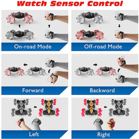 Masina de cascadorii cu control prin gesturi, ceas si telecomanda, rotire la 360 grade