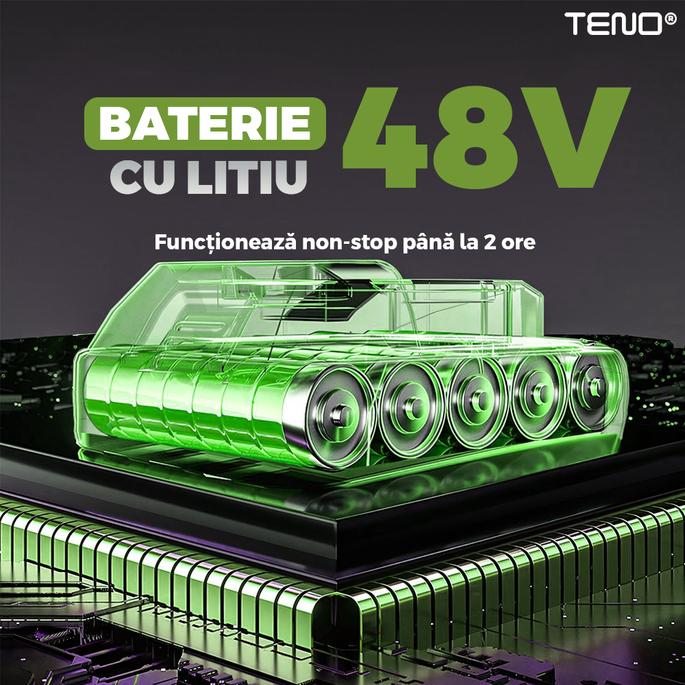 Motocoasa Electrica Teno975, acumulator 48V, baston telescopic, 3 tipuri de lame pentru taiere, 18000 RPM, autonomie de 2-3 ore, accesorii incluse, verde