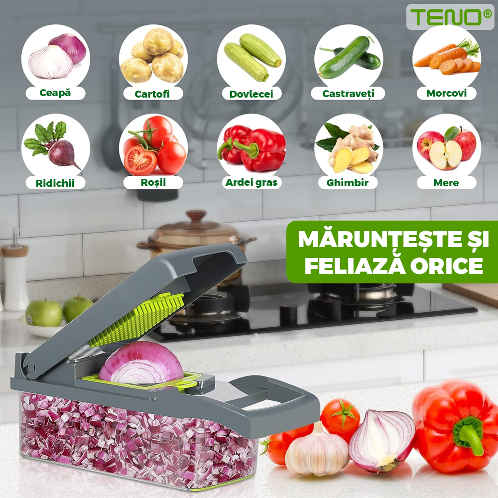 Feliator de Legume 13 in 1 Teno752, multifunctional, 8 taieturi, accesorii pentru tocat, maruntit, feliat, julienne, separator de oua, lame de inox, 28 x 13 cm, verde