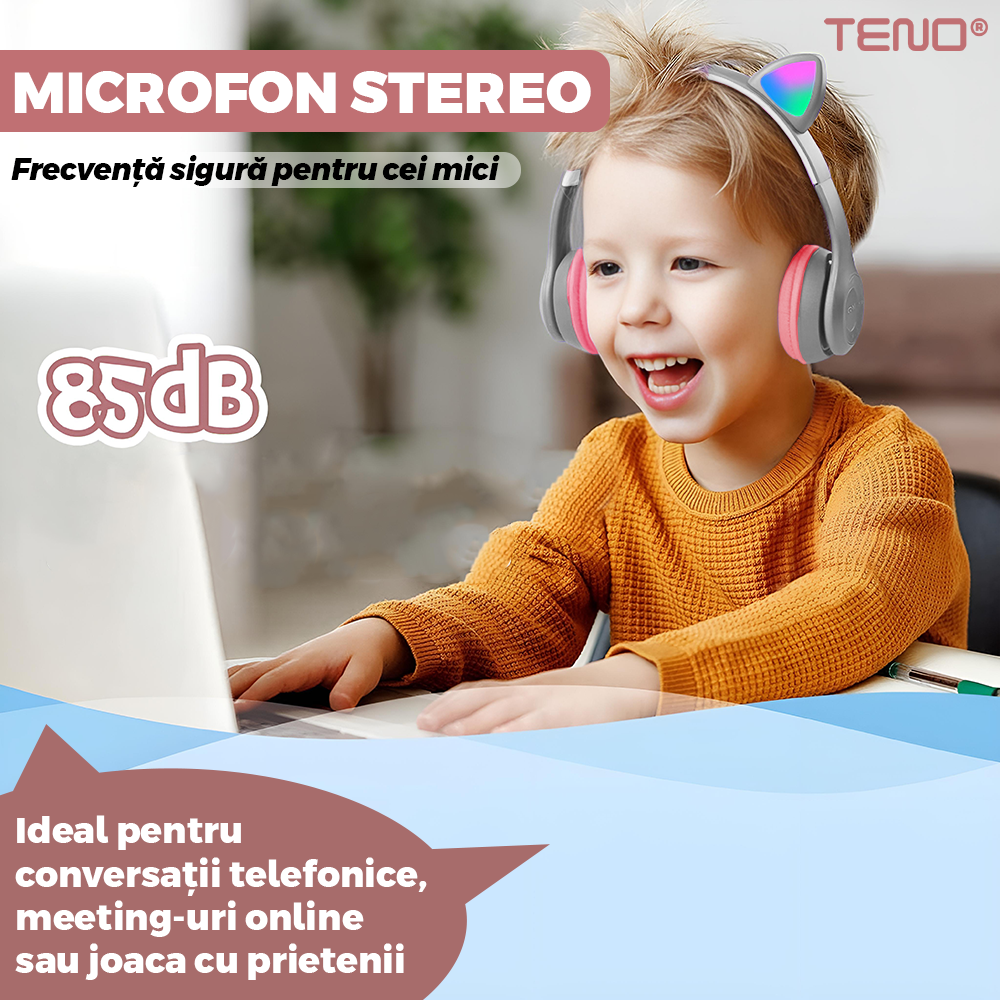 Casti Wireless Model Pisica Teno953, P47M, overear, urechi de pisica cu iluminare RGB, bluetooth 5.0, handsfree, HiFi, bass stereo, gri/roz