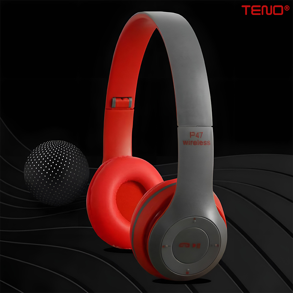 Casti Wireless Teno956, P47, overear, bluetooth 5.0, 3 porturi integrate, handsfree, HiFi, bass stereo, gri/rosu