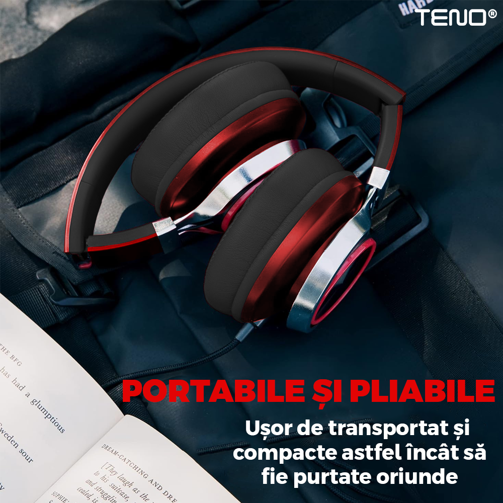 Casti Wireless Teno962, overear, bluetooth 4.2, extra bass, blocare sunete externe, slot card TF, functii multiple, rosu