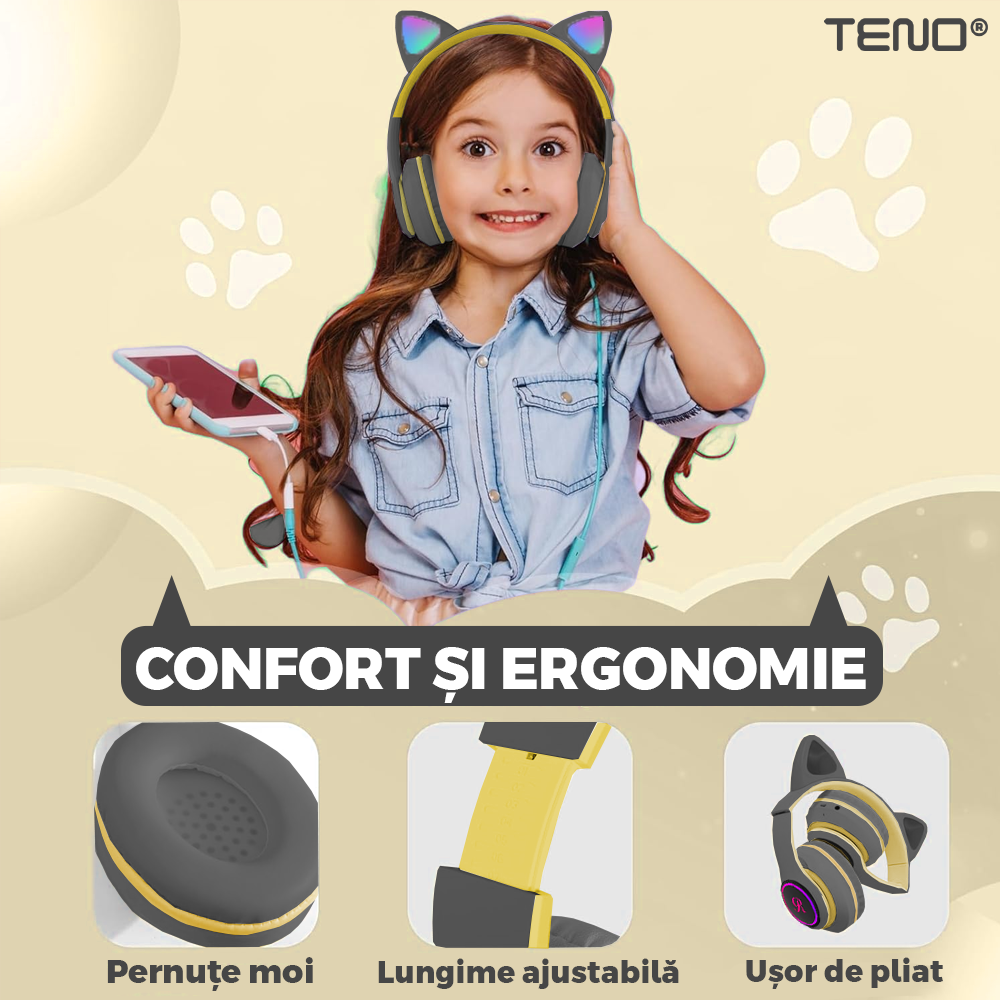 Casti Wireless Model Pisica Teno®, overear, urechi de pisica cu iluminare RGB, bluetooth 5.0, handsfree, HiFi, bass stereo, gri/galben