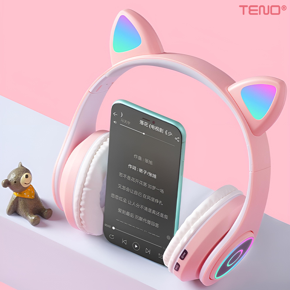 Casti Wireless Model Pisica Teno949, B39, overear, urechi de pisica cu iluminare RGB, bluetooth 5.0, handsfree, HiFi, bass stereo, roz