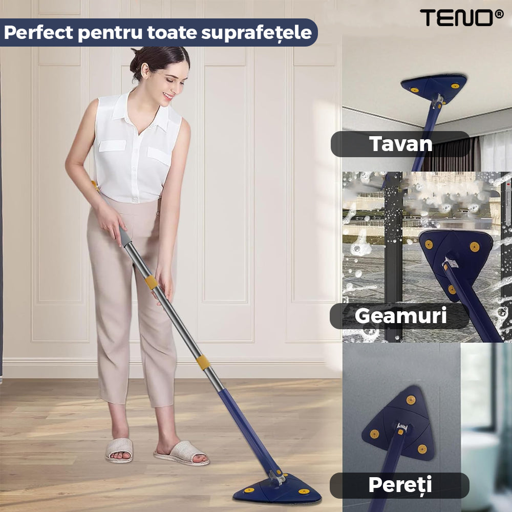 Mop cu Cap Triunghiular Teno321, rotire 360 grade, telescopic, curatare usoara, 4 lavete incluse, 127 cm, albastru/galben