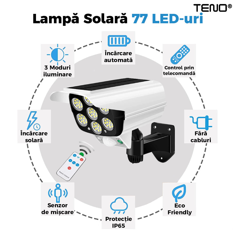 Lampa Solara 77 LED-uri Teno264, tip camera, senzor de miscare, 3 moduri de iluminare, protectie IP65, Waterproof, exterior, telecomanda, alb