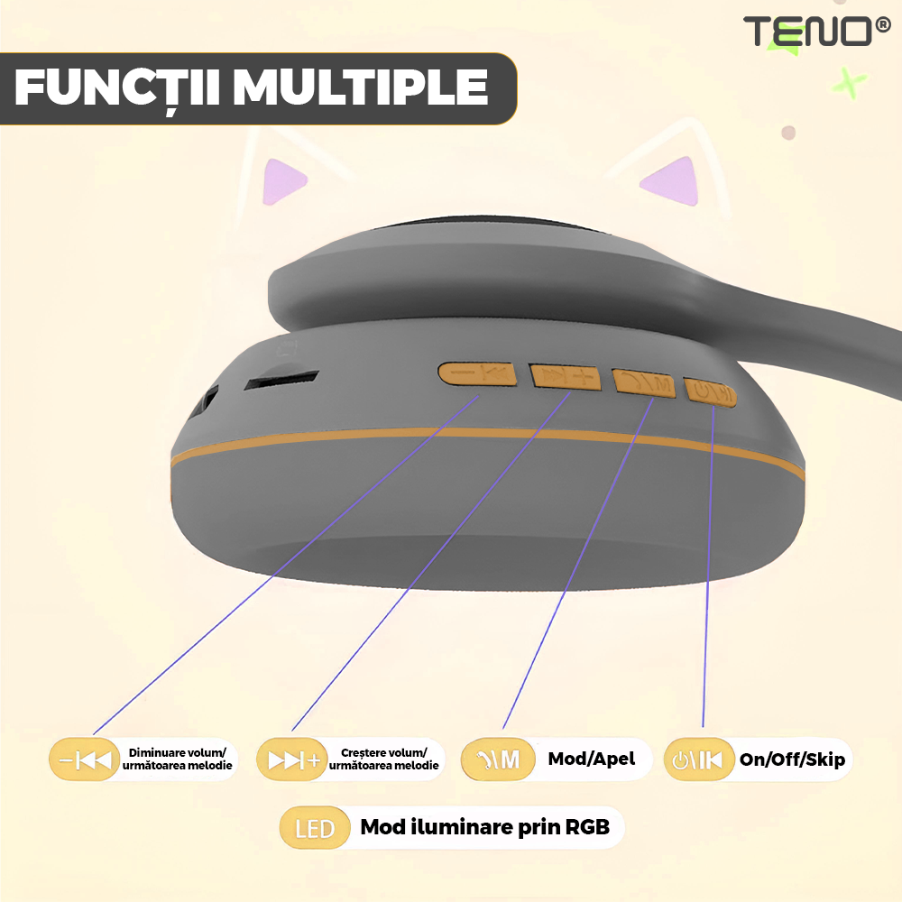 Casti Wireless Model Pisica Teno®, overear, urechi de pisica cu iluminare RGB, bluetooth 5.0, handsfree, HiFi, bass stereo, gri/galben