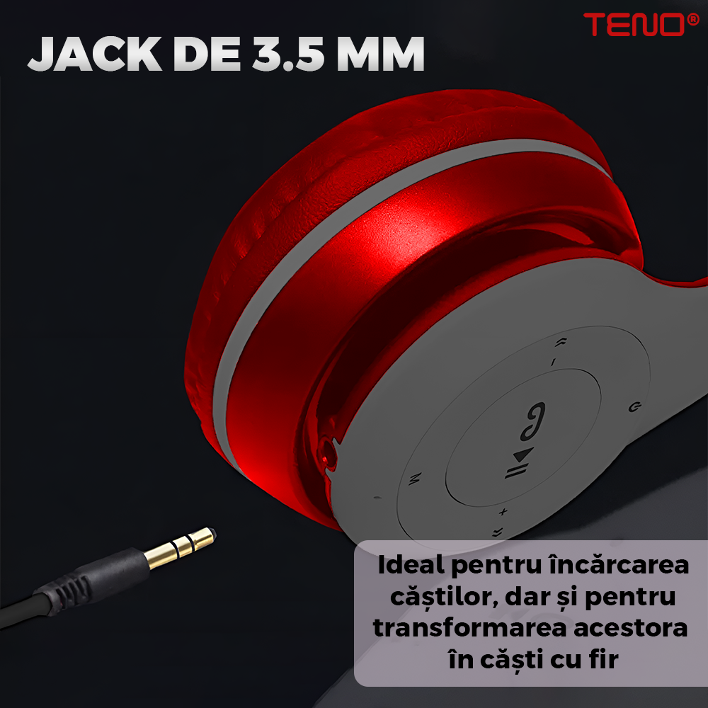 Casti Wireless Teno956, P47, overear, bluetooth 5.0, 3 porturi integrate, handsfree, HiFi, bass stereo, gri/rosu