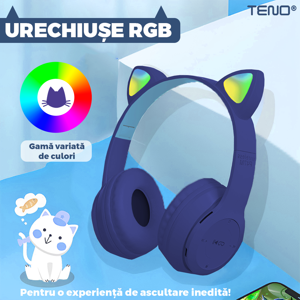 Casti Wireless Model Pisica Teno954, P47M, overear, urechi de pisica cu iluminare RGB, bluetooth 5.0, handsfree, HiFi, bass stereo, albastru inchis