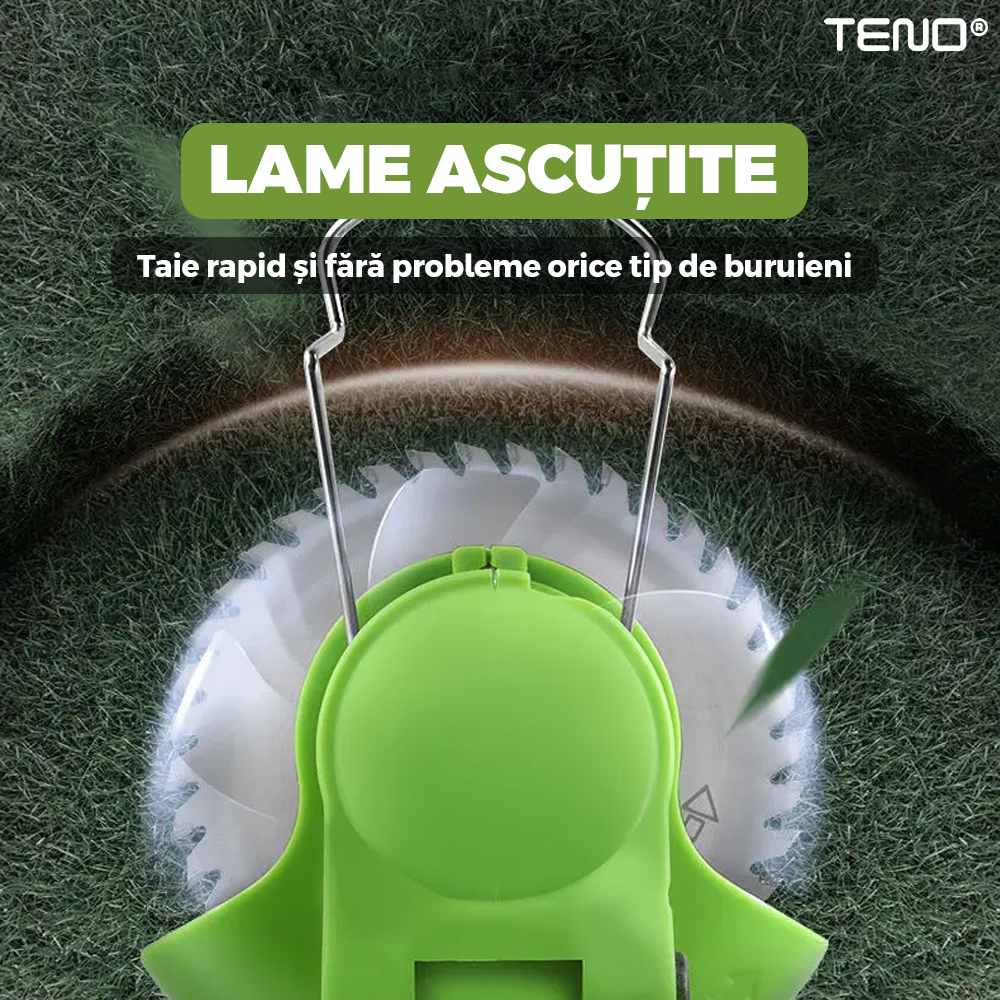 Motocoasa Electrica Teno975, acumulator 48V, baston telescopic, 3 tipuri de lame pentru taiere, 18000 RPM, autonomie de 2-3 ore, accesorii incluse, verde