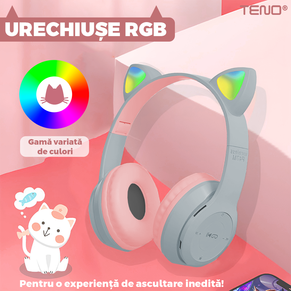 Casti Wireless Model Pisica Teno953, P47M, overear, urechi de pisica cu iluminare RGB, bluetooth 5.0, handsfree, HiFi, bass stereo, gri/roz