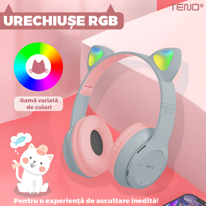 Casti Wireless Model Pisica Teno953, P47M, overear, urechi de pisica cu iluminare RGB, bluetooth 5.0, handsfree, HiFi, bass stereo, gri/roz