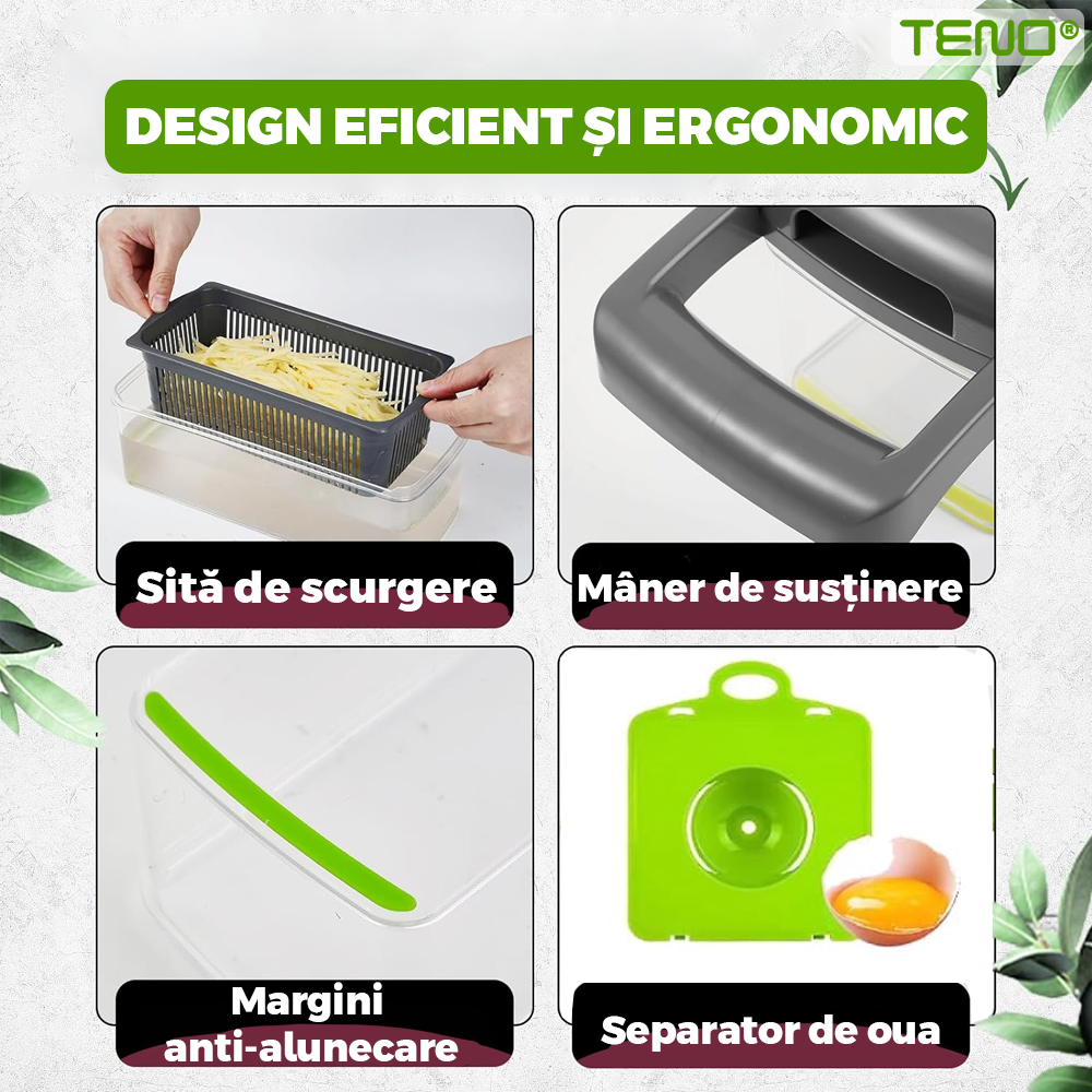 Feliator de Legume 13 in 1 Teno752, multifunctional, 8 taieturi, accesorii pentru tocat, maruntit, feliat, julienne, separator de oua, lame de inox, 28 x 13 cm, verde