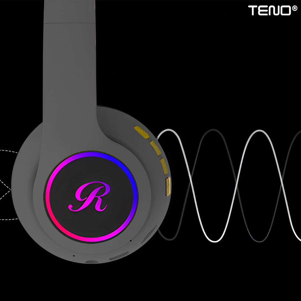 Casti Wireless Model Pisica Teno®, overear, urechi de pisica cu iluminare RGB, bluetooth 5.0, handsfree, HiFi, bass stereo, gri/galben