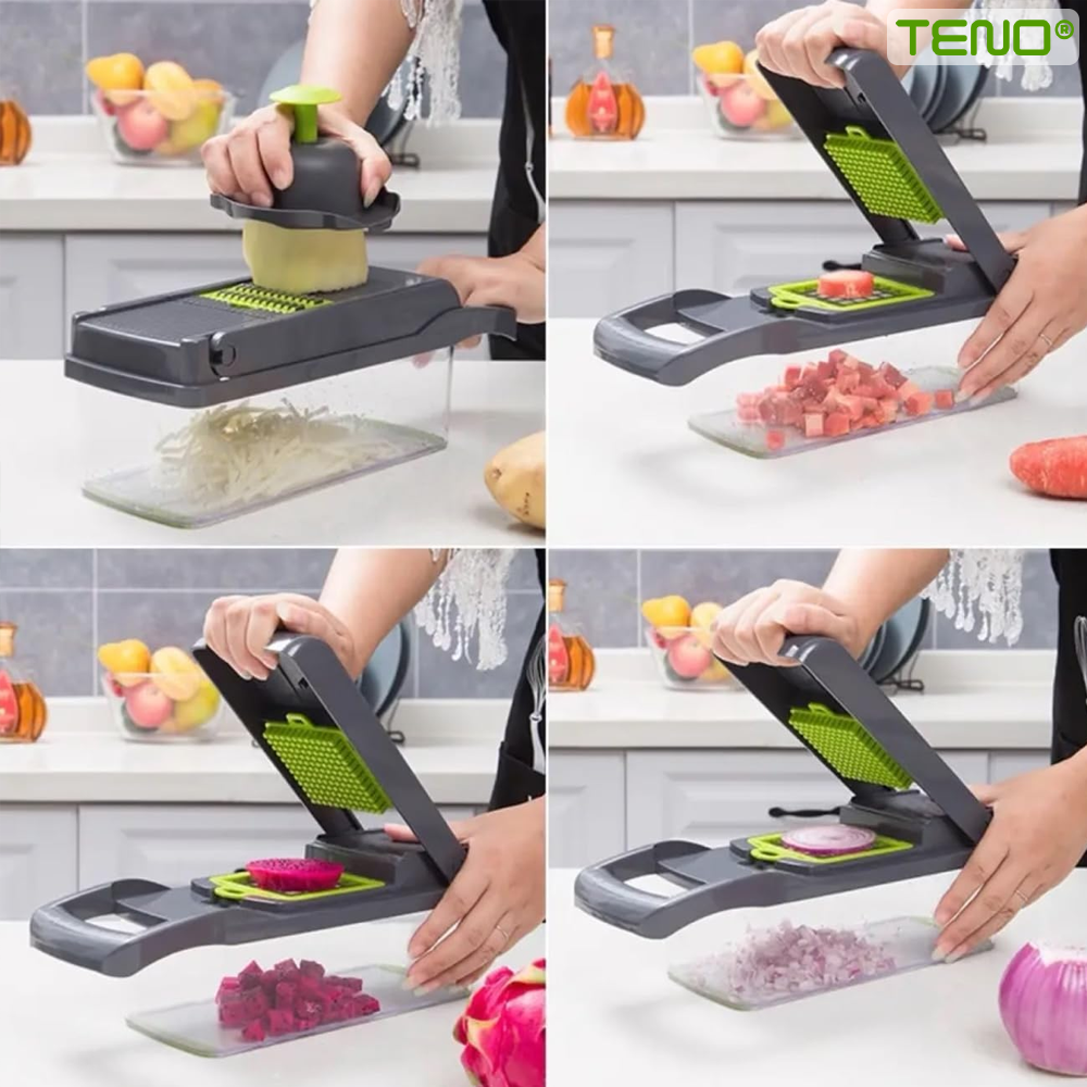 Feliator de Legume 13 in 1 Teno752, multifunctional, 8 taieturi, accesorii pentru tocat, maruntit, feliat, julienne, separator de oua, lame de inox, 28 x 13 cm, verde