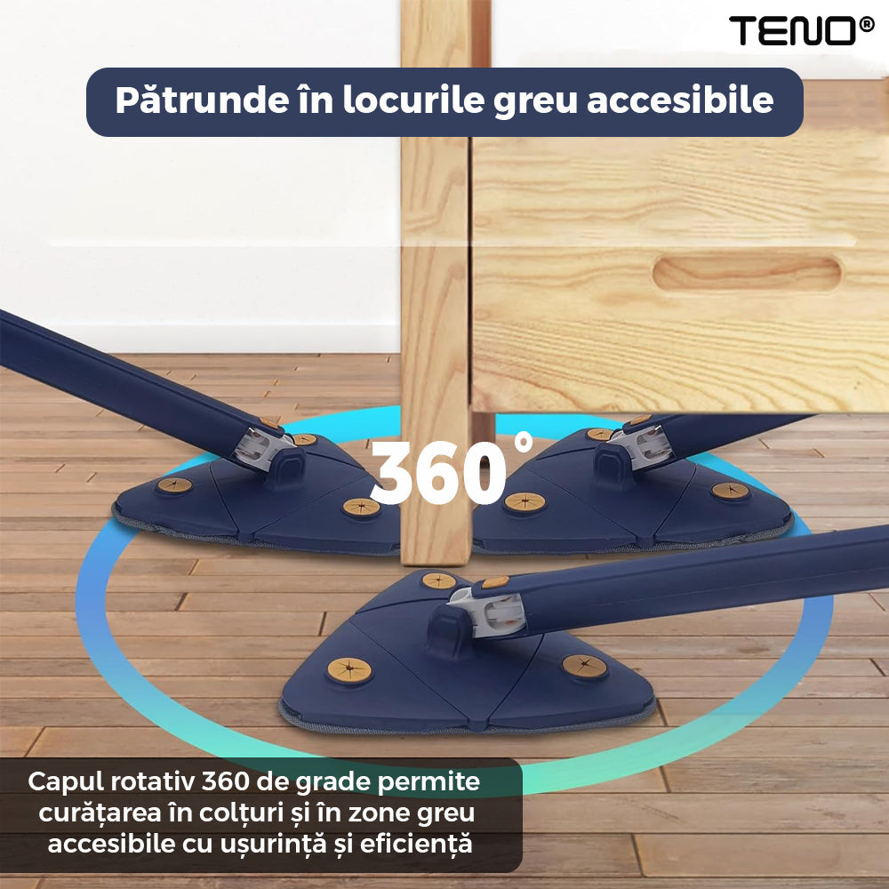 Mop cu Cap Triunghiular Teno321, rotire 360 grade, telescopic, curatare usoara, 4 lavete incluse, 127 cm, albastru/galben