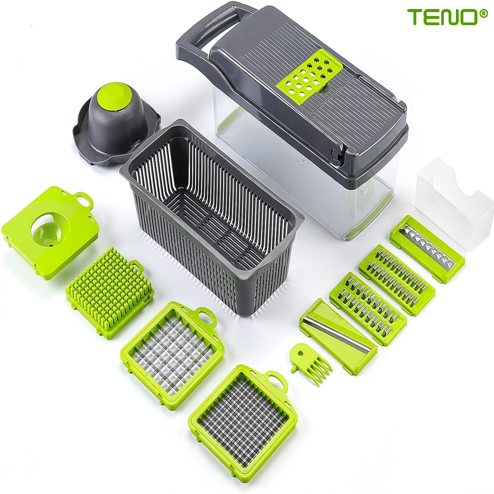 Feliator de Legume 13 in 1 Teno752, multifunctional, 8 taieturi, accesorii pentru tocat, maruntit, feliat, julienne, separator de oua, lame de inox, 28 x 13 cm, verde