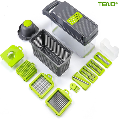Feliator de Legume 13 in 1 Teno752, multifunctional, 8 taieturi, accesorii pentru tocat, maruntit, feliat, julienne, separator de oua, lame de inox, 28 x 13 cm, verde