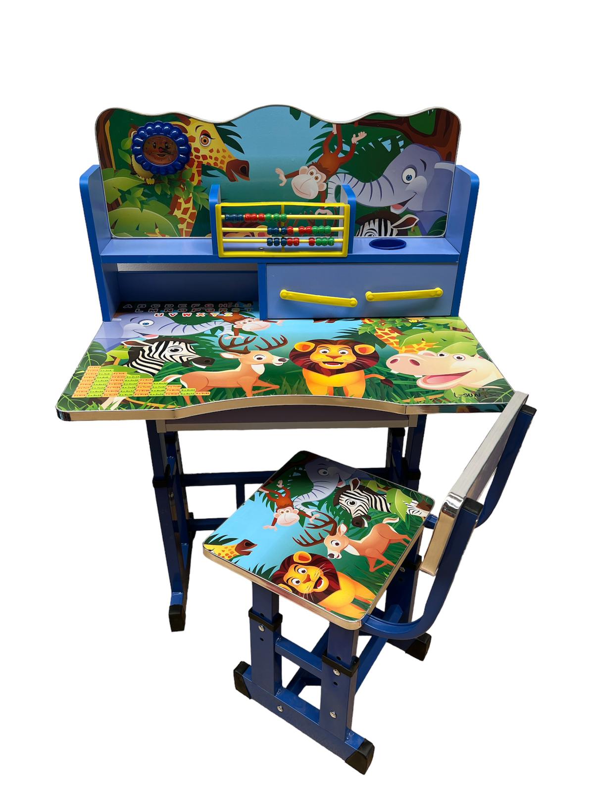 Birou mare cu scaun pentru copii, reglabile, cadru metalic si lemn, multicolor