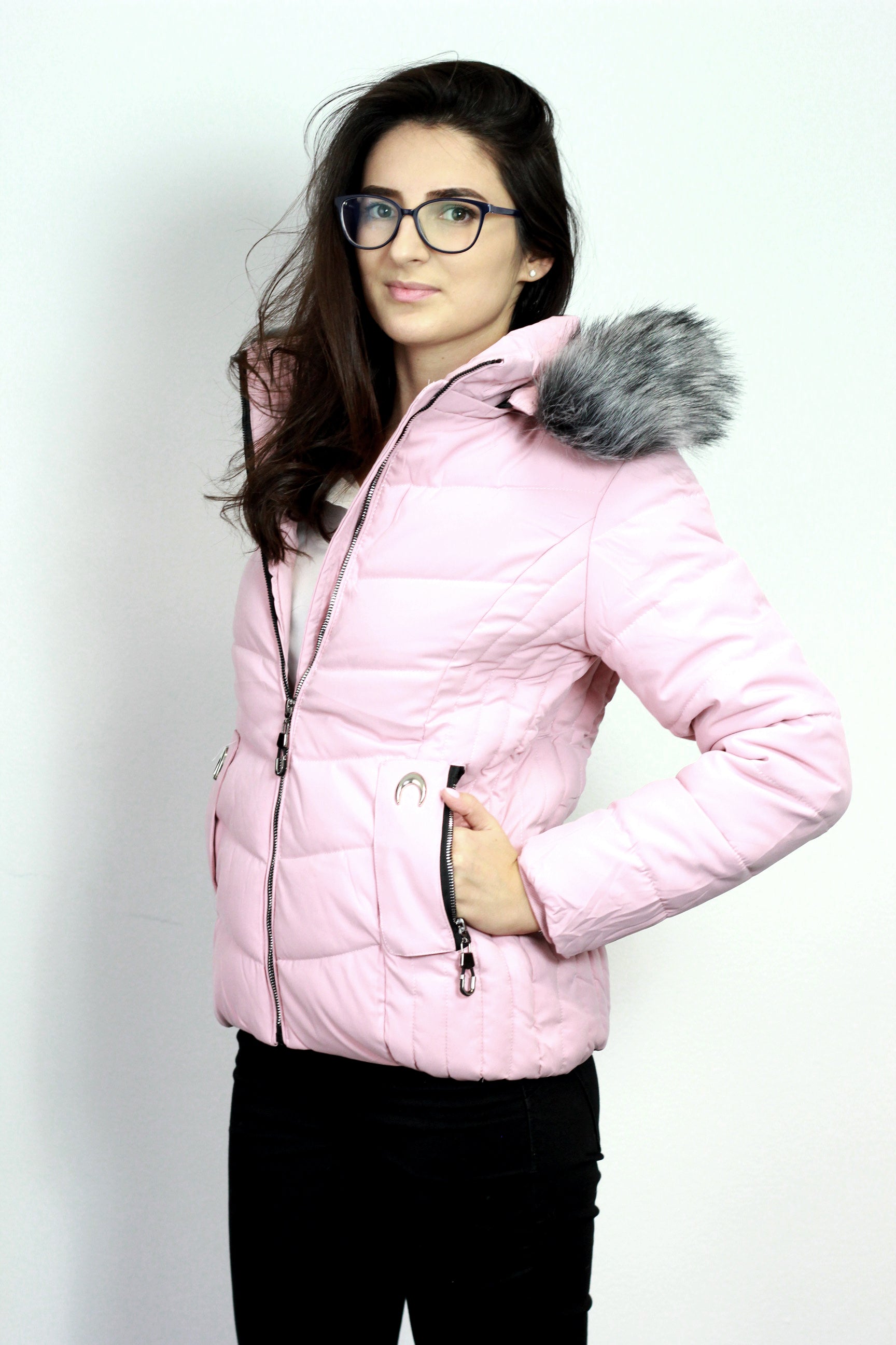 Geaca din fas cu gluga imblanita, Roz