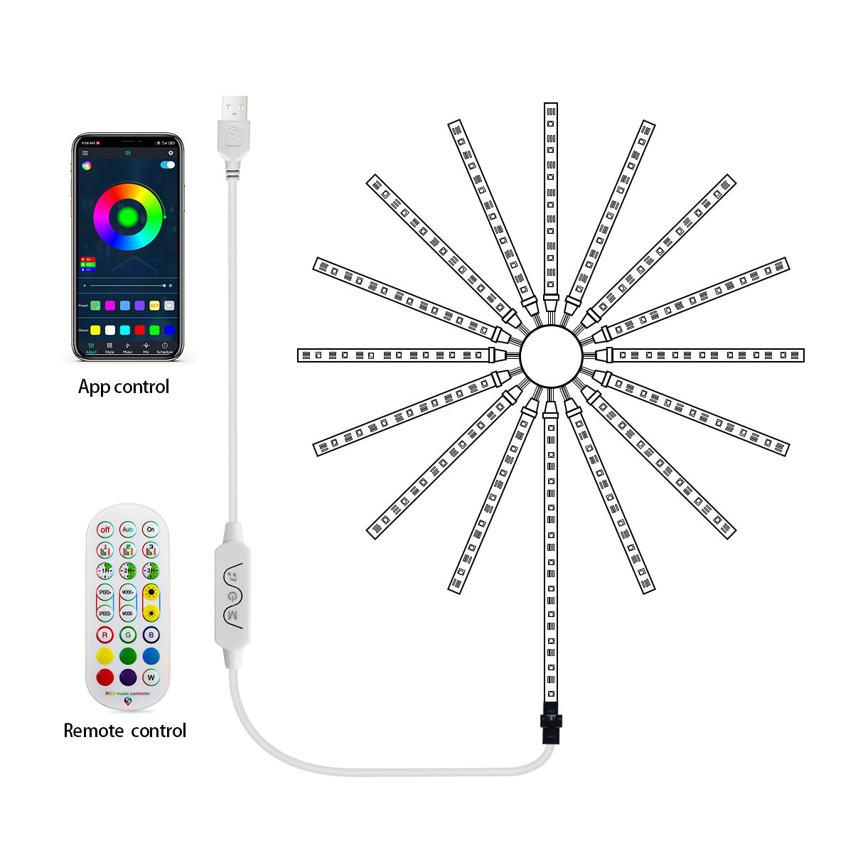 Lumini LED tip artificii inteligente, RGB, muzica, telecomanda si control din smartphone, multicolor