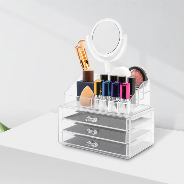 Organizator pentru Cosmetice cu Oglinda si 19 compartimente, transparent