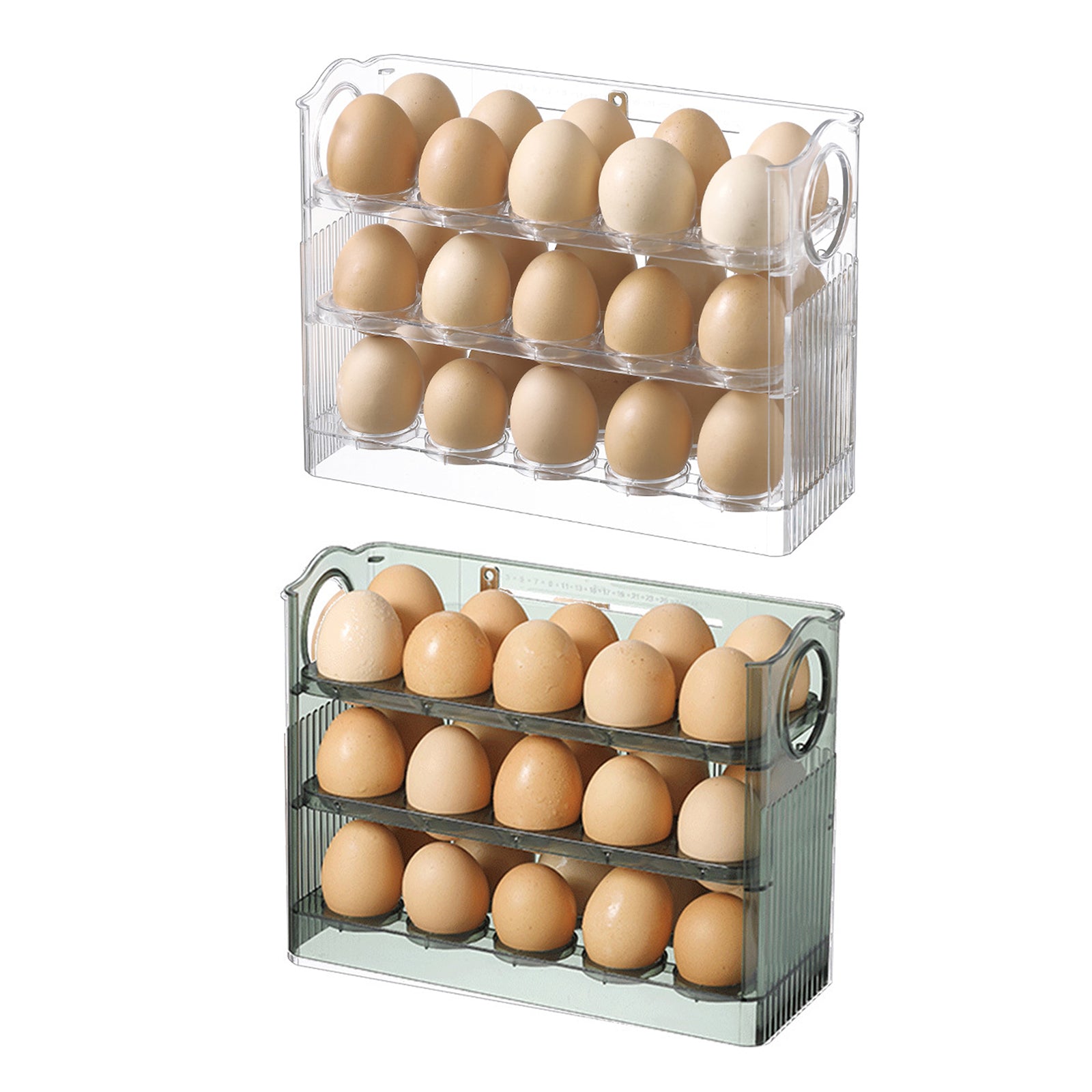 Suport organizator etajat, triplu, pentru depozitare 30 oua, transparent