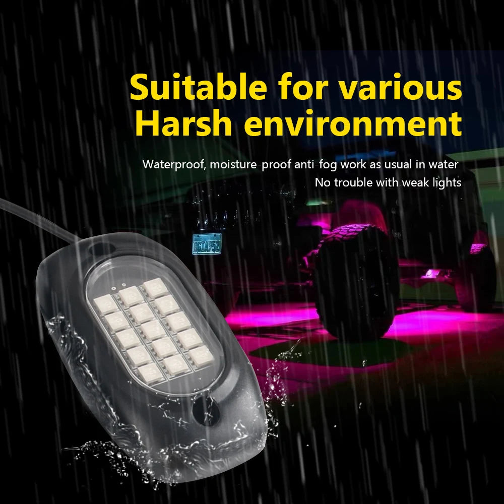 Kit 4 Lumini Ambientale RGB, model "ROCK LIGHT" cu telecomanda si aplicatie telefon, destinate Off-Road, ATV, SSV