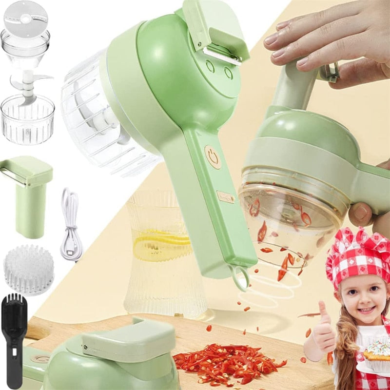 Tocator electric portabil de taiat legume, fructe si carne, 30w, 4 in 1, Verde