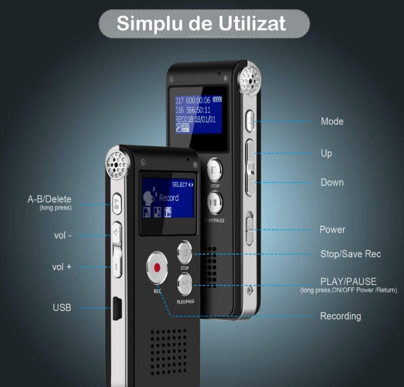 Reportofon digital Andowl Q-LY77, 16G Hifi, MP3/WAV, accesorii, negru
