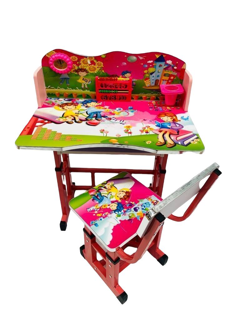 Birou cu scaun pentru copii, reglabile, cadru metalic si lemn, multicolor