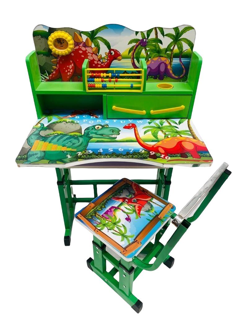 Birou mare cu scaun pentru copii, reglabile, cadru metalic si lemn, multicolor