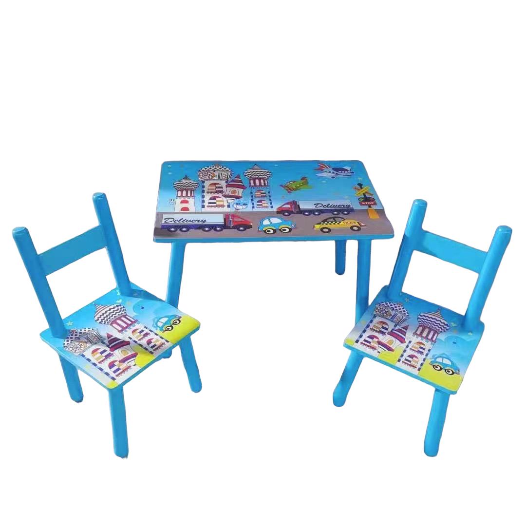 Masuta desenat pentru copii, 2 scaune, din lemn, suprafata lucioasa, 59x39x40 cm, MS03
