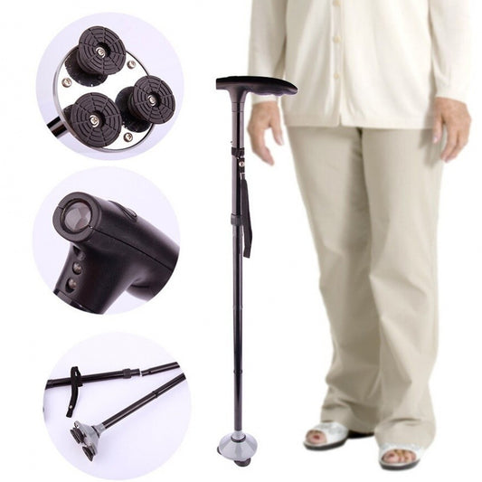 Baston telescopic de sprijin, pliabil, cu lanterna si pivoti stabilizatori