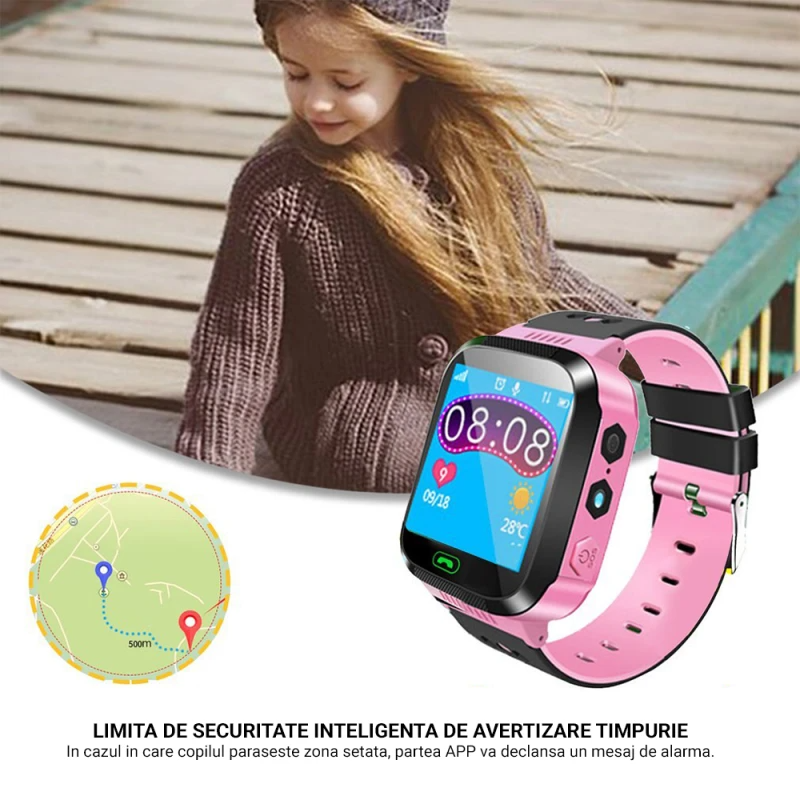 Ceas Smartwatch Loomax pentru copii cu functie telefon, camera, apel video, GPS, instoric traseu, Android, roz