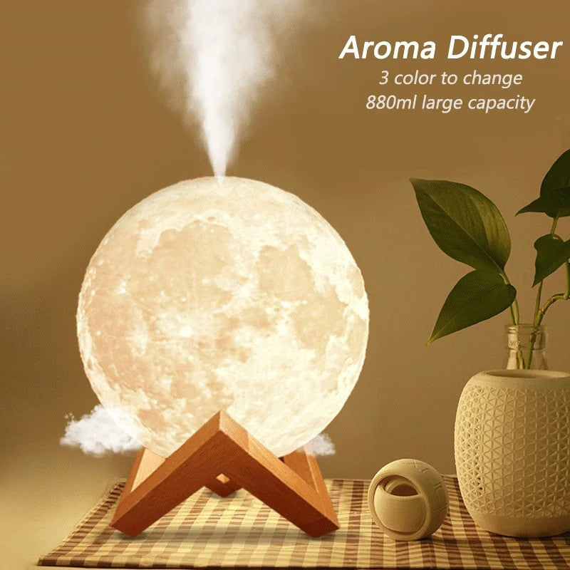 Difuzor Aromaterapie Luna Moon Ultrasunete, Umidificator, 3D, LED cu 3 tipuri de lumina, 500 ml, USB, 2W